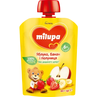 Дитяче пюре фруктове Milupa (Мілупа) Яблуко, Банан і Полуниця з 6 місяців 80 г-0