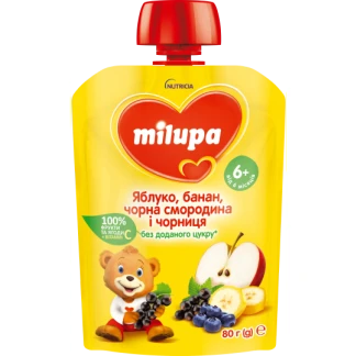 Дитяче пюре фруктове Milupa (Мілупа) Яблуко, Банан,Чорна Смородина і Чорниця з 6 місяців 80 г-0