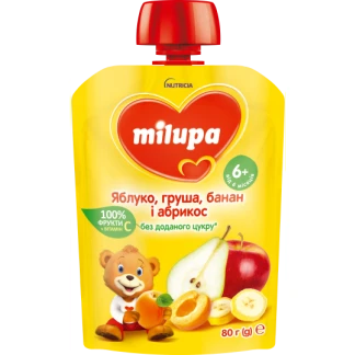Дитяче пюре фруктове Milupa (Мілупа) Яблуко, Груша, Банан і Абрикос з 6 місяців 80 г-0