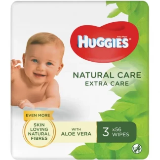 Дитячі вологі серветки Huggies (Хагіс) Natural Care, Extra Care, 3 х 56 штук-0