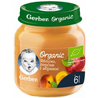 Фруктове пюре Gerber (Гербер) Органічні Яблуко, персик і абрикос з 6 місяців 125г-1
