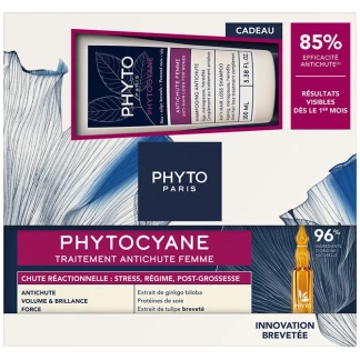 Набір Phyto (Фіто) Phytocyane Reactional Hair Loss Treatment For Women Set проти випадання волосся у жінок (ампули 12*5мл + шампунь 100мл)-1