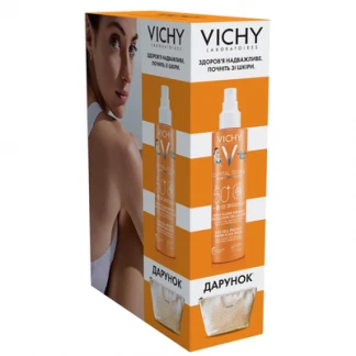 Набор Vichy (Веши) Capital Soleil солнцезащитный водостойкий спрей-флюид для чувствительной кожи детей SPF50+ 200мл + Косметичка-0