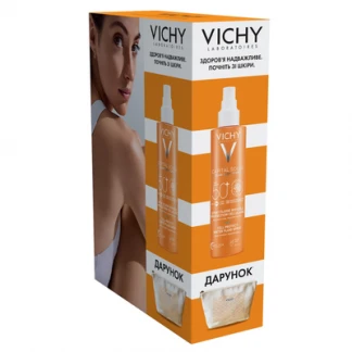 Набор Vichy (Веши) Capital Soleil солнцезащитный водостойкий спрей-флюид для тела SPF50+ 200мл + Косметичка-0