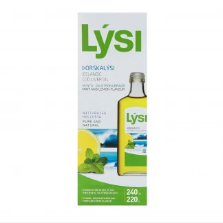 Омега-3 LYSI (Лиси) рыбий жир из печени трески с витаминами A, D, E в жидкости со вкусом лимона и мяты 240мл в стеклянной бутылке-0