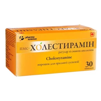 ПМС-ХОЛЕСТИРАМІН Регулар порошок для оральної суспензії зі смаком апельсина по 4г/9г по 9г №30 ПМС-ХОЛЕСТИРАМІН Регулар порошок для оральної суспензії зі смаком апельсина по 4г/9г по 9г №30-0