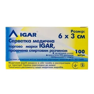 Серветка медична IGAR, просочена спиртовим розчином 30 мм х 60 мм, 100 штук-0