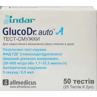 Тест-смужки GlucoDr (ГлюкоДоктор) для вимірювання глюкози в крові №50-0